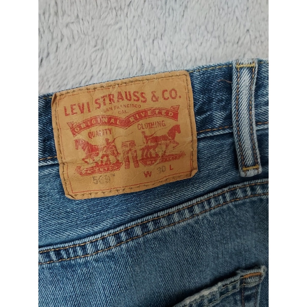 Levis Jean Shorts Mens 30 569 Loose Fit Denim Jorts Distressed Destroyed Blue - Picture 3 of 12